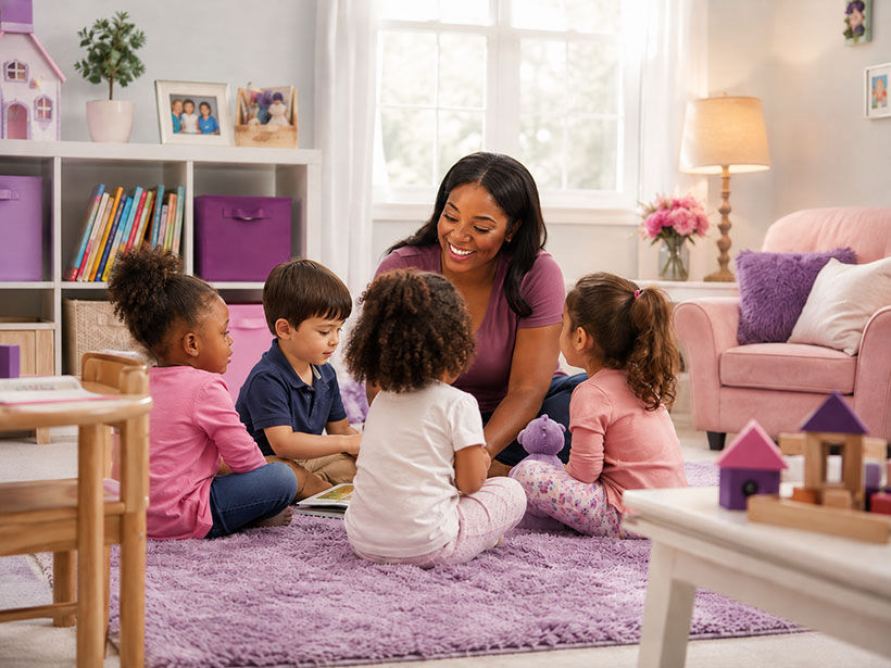 Adult caregiver sitting with young children in a play area