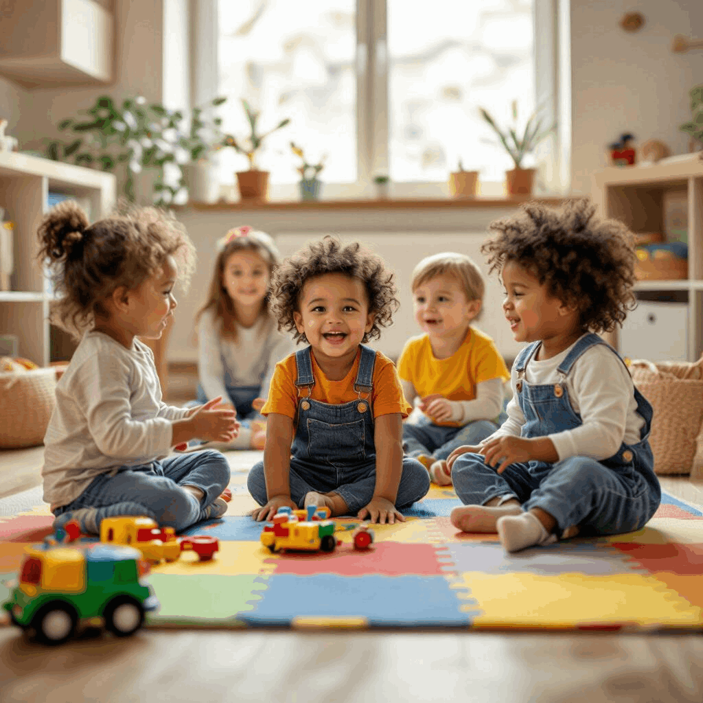 Young children playing together with colorful toys in a home daycare setting