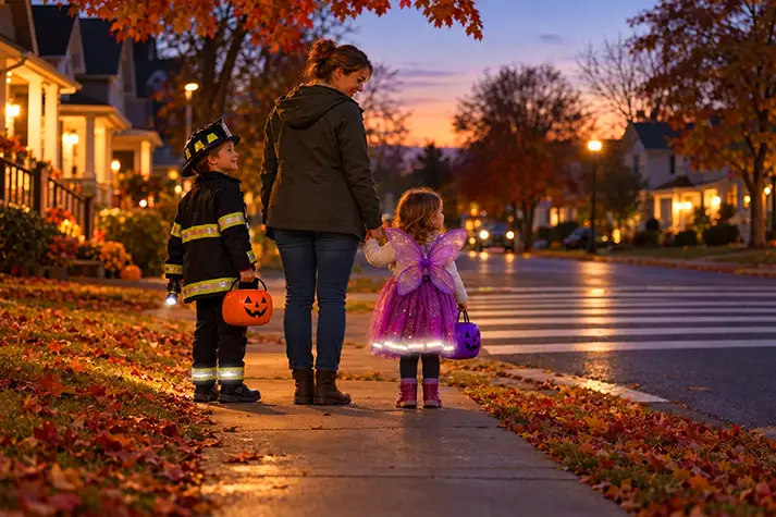 A parent and two costumed children waiting together beside a neighborhood crosswalk at dusk.