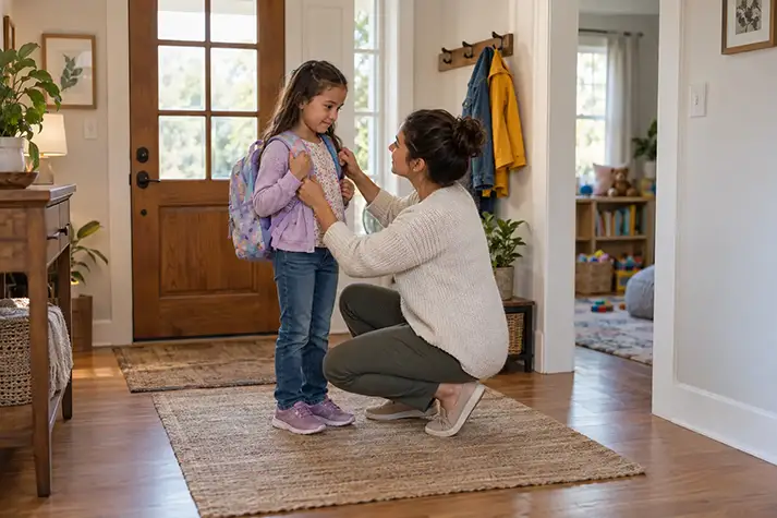 An adult helping a school-age child prepare a backpack before school.