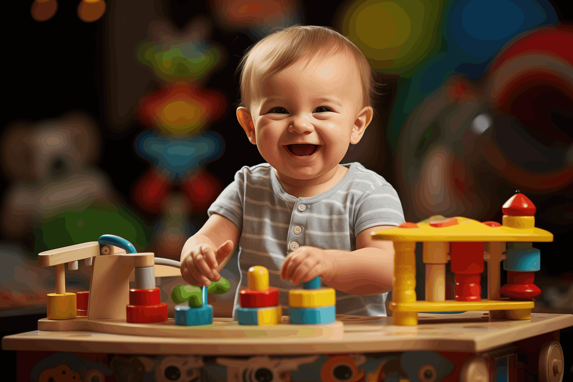 Smiling baby playing with colorful blocks