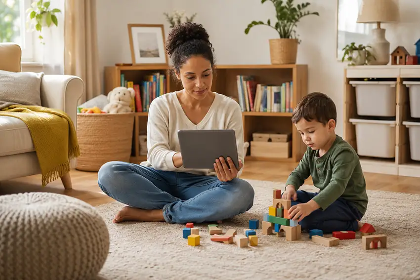 A parent reviewing childcare information while a young child plays with blocks nearby in a warm home setting.