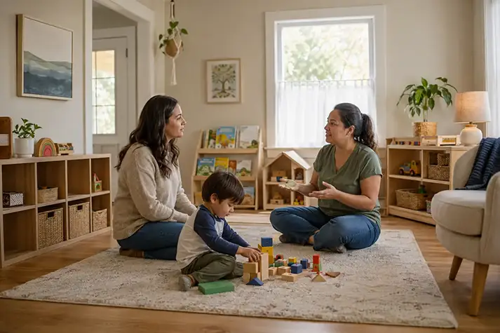 A parent and child visiting a home daycare setting.