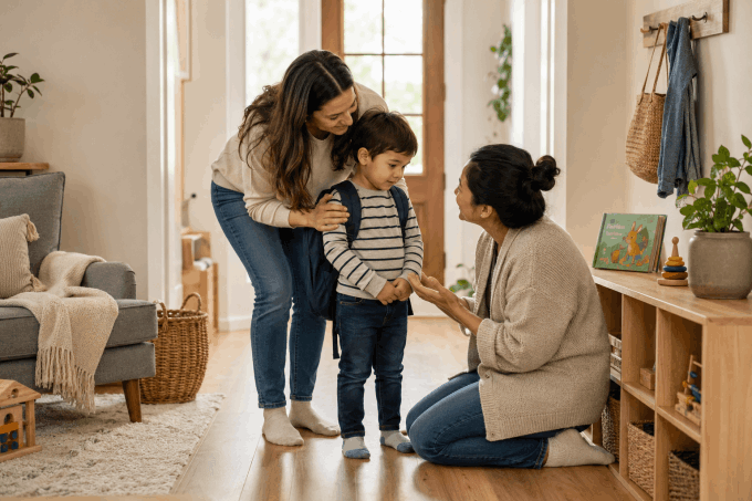 A parent reassuring a preschool-age child while a caregiver welcomes them at a home daycare.
