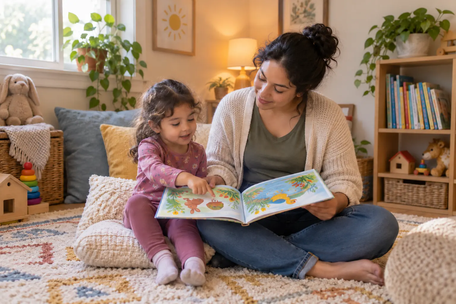 A caregiver and preschool-age child exploring a picture book together in a cozy reading area.