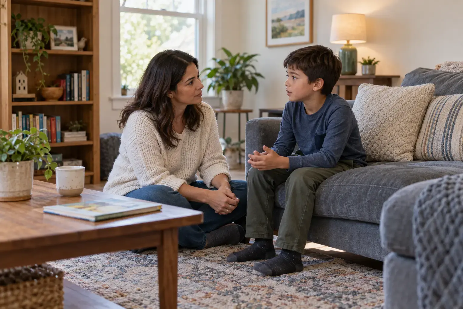 A caregiver and preschool-age child exploring a picture book together in a cozy reading area.