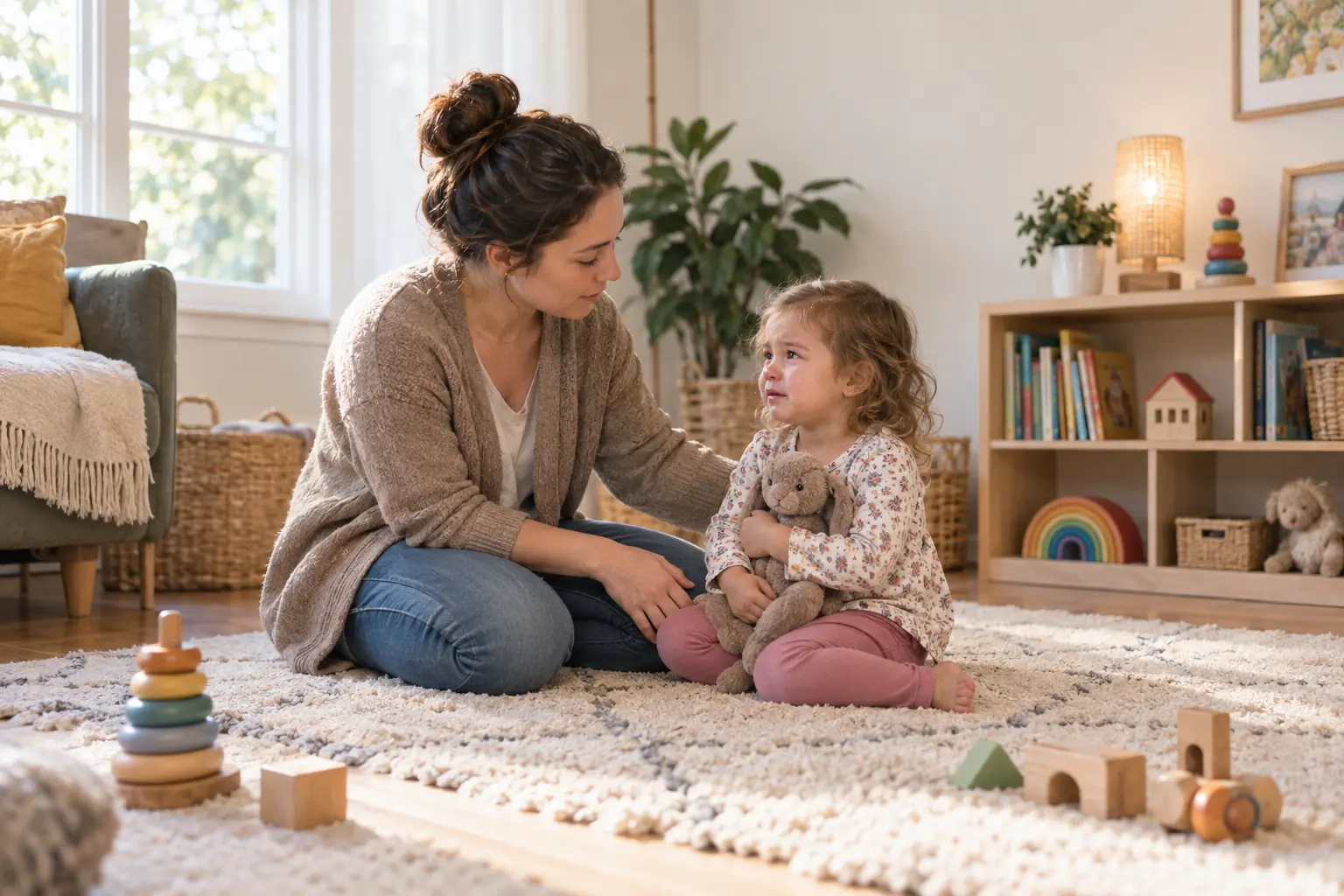 An adult calmly supporting a frustrated toddler at eye level in a home play area.
