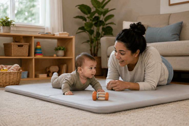 An awake baby practicing supervised tummy time while an adult encourages them at floor level.