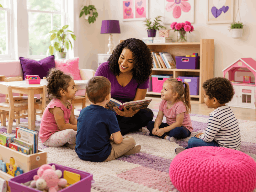 Adult reading a picture book with young children